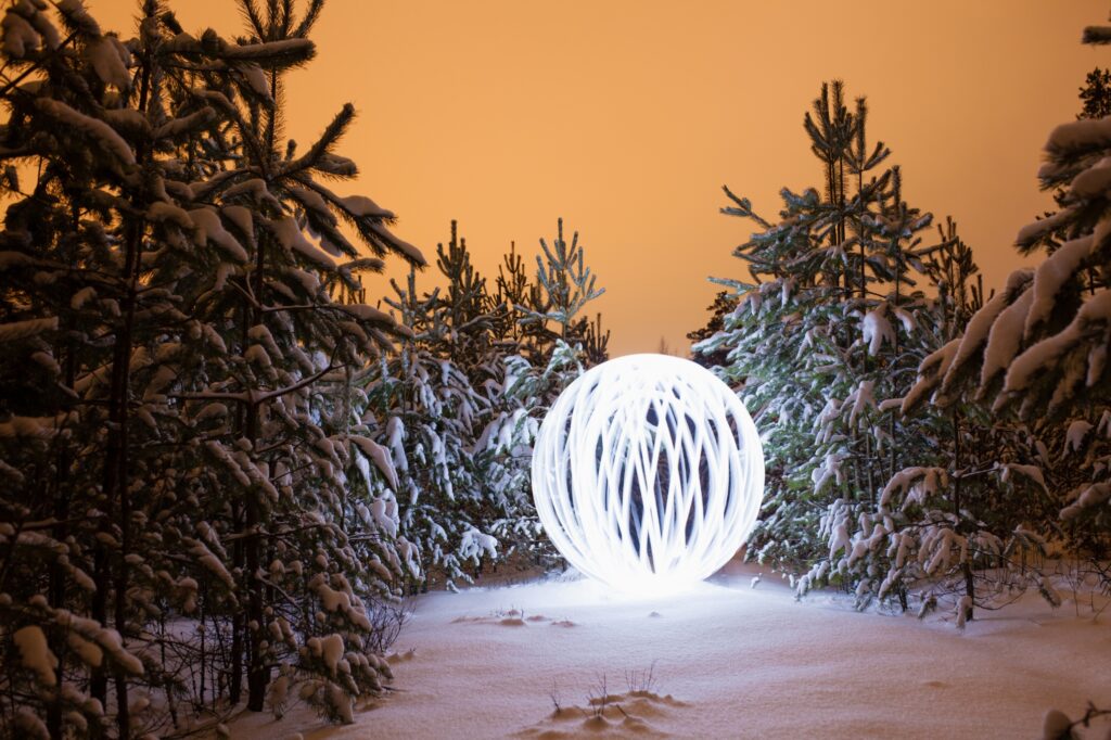 Glowing Spherical Christmas Lights And Trees