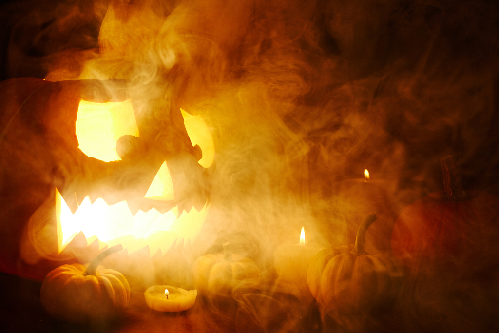 Smoke coming out of helloween pumpkin with light effect